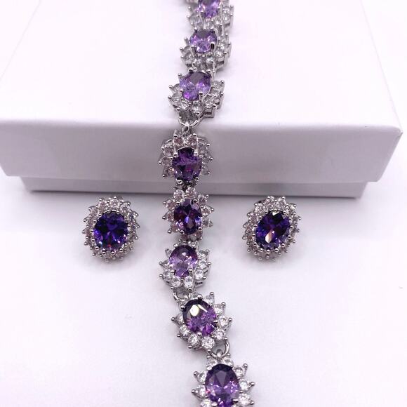 High Quality Rhodium and Silver Plated Bracelet and Studs Earrings-Lab Amethyst - Picture 2 of 6